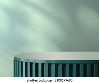 Products display background. An empty curve teal green painted steel podium with sunlight and leaves shadow. 3D render, Mock up, Overlay, Backdrop, Modern, Stylish, Shinny, Space, Mock up, Premium.