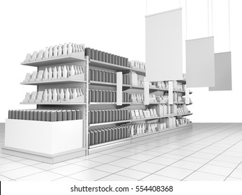 products on shelves with shelf-stoppers and hangers in supermarket. 3D rendering