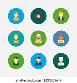 Profession Icons Set. Teamwork And Profession Icons With Construction Worker, Hotel Receptionist And Arab Worker. Set Of Corporate For Web App Logo UI Design.