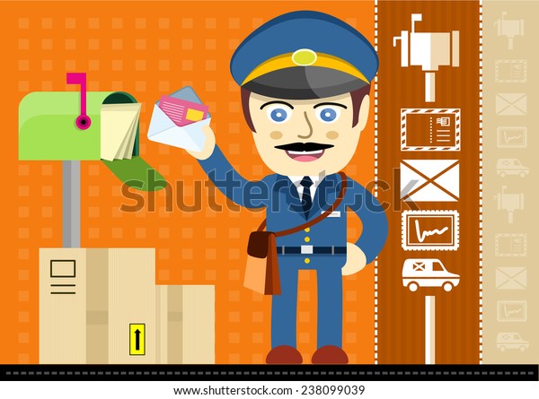 Profession series\
with moustached postman in uniform with bag and letter standing\
near mailbox. Raster\
version