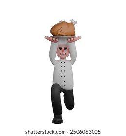 Professional 3D Chef. A chef is holding a plate of roast meat above his head. Male Culinary Expert - Powered by Shutterstock