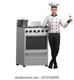 Professional 3D Chef. A male chef stands on the left side of the stove with his legs folded and his right elbow resting on the standing stove and his left hand holding a ladle. Male Culinary Expert - Powered by Shutterstock