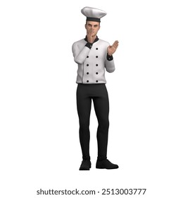 Professional 3D Male Culinary Chef. A male chef is covering his mouth with his left hand and making an applause gesture with his right hand. Cartoon - Powered by Shutterstock