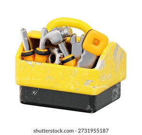 Professional 3d rendering of a yellow tool box with manual hand tools for home improvement construction and repair works isolated on transparent background