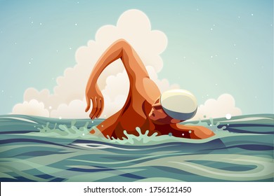 Professional athlete doing freestyle swimming in open water, illustration in flat style - Powered by Shutterstock