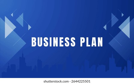 Professional blue business plan background with geometric shapes and city skyline. Ideal for corporate presentations, reports, or slides.
