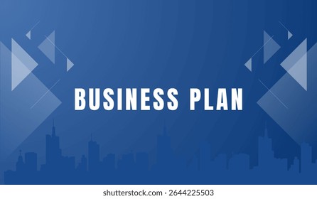 Professional blue business plan background with geometric shapes and city skyline. Ideal for corporate presentations, reports, or slides.
