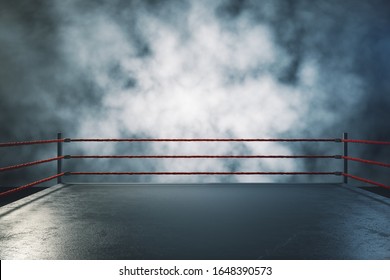 Professional boxing ring in foggy interior. Sport and challenge concept. 3D Rendering
