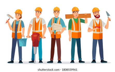 Professional builders team. Contractor in helmet, builder engineer and workers people cartoon  illustration. Contractor and builder, construction engineer occupation - Powered by Shutterstock