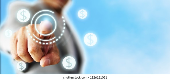 Professional Businessman Pointing Finger Select Financial Digital Banking Technology Consult Successful Wealth Management, Retirement Planning Strategy. Innovation Disruption Transform Money System