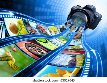 Professional camera takes pictures. The film strip of pictures enter through the lens. Exclusive Design (Design Concept). - Powered by Shutterstock