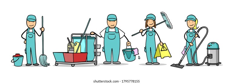 Professional Cartoon Housekeeping Crew With Cleaning Lady And Room Service