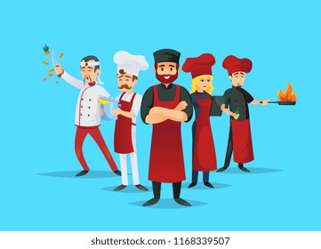 Professional chef teaching concept with cook characters. Cute chef team in red cooking uniform and hat. Cooking classes advertising, masters of cuisine, kitchen staff recruitment illustration. - Powered by Shutterstock