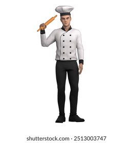 Professional Culinary Chef in 3D. A male chef stands with his right hand lifting a rolling pin up beside his head. Male - Powered by Shutterstock