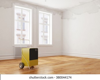 Professional dehumidifier after water damage standing in a room (3D Rendering)