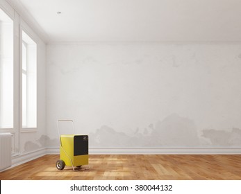 Professional dehumidifier in room after water damage (3D Rendering)