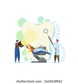 Professional dental care, flat style design illustration. Big tooth and tiny woman in dentist chair, doctor with dentist mirror. Medical dental checkup, tooth treatment, oral health concept. - Powered by Shutterstock