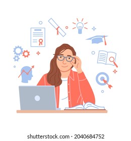 Professional development concept. Flat young successful business woman portrait with personal computer, opened book on white motivation background. Modern Caucasian girl. Cartoon illustration.