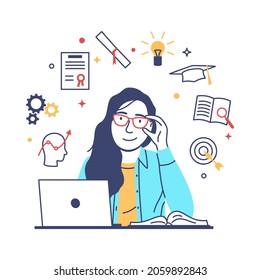 Professional development concept. Flat young successful business woman portrait with personal computer, opened book on white motivation background. Modern Caucasian girl. Thin line illustration