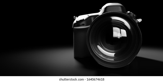 Professional digital camera with pro lens on black. 3D illustration