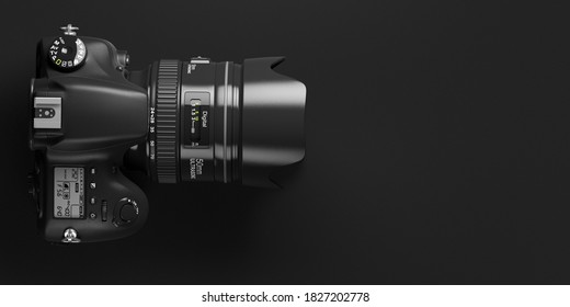 Professional Digital Photo Camera On Black Background. Top View And Space For Text. 3d Illustration