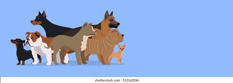 Professional Dog Training Banner. Group Of Different Breeds Dogs On Blue Background. Website Horizontal Template. Dog Service.  Illustration In Flat Style. Cartoon Dog Character, Pet Animal