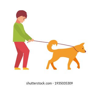 Professional Dog Walking. A Man Walks With A Pet.  Illustration Isolated On White Background.