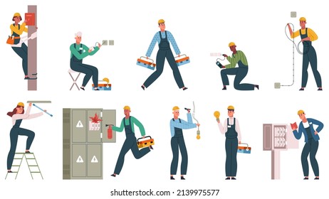 Professional Electrician Workers In Uniform Service Electrical Grid. Electricians Service Power Grids, Changing Lamp Bulb  Illustration Set. Electricians Workers Scenes. Repairing Light, Socket