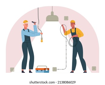 Professional electricians workers do necessary electrical installation. Electricians service electricity box, power grid repair  illustration. Indoors electricity work. Men with tool box - Powered by Shutterstock