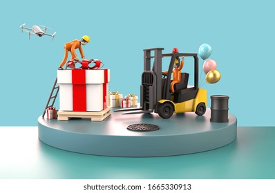 Professional employees working transport move a Large Gift box in warehouse or cargo with Forklift and Drone on Industrial Concept, 3D illustration. - Powered by Shutterstock