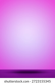 A professional empty studio background featuring a soft pink to light violet gradient wall. The foreground consists of a solid dark purple floor with a centered horizontal drop shadow, designed as a template for adding your own 3D objects or product photos