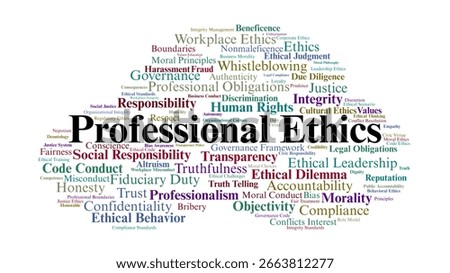 Professional Ethics Word Cloud. Key terms covering values, conduct, and responsibilities essential for ethical decision-making in workplace and professional settings.