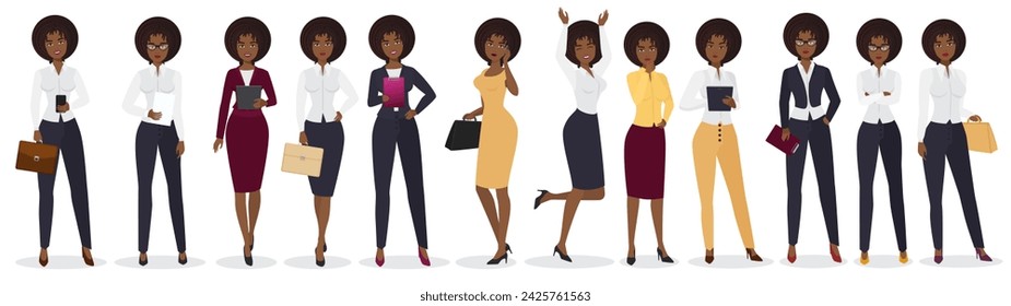 Professional female business team set illustration. Cartoon corporate staff in formal clothes, office workers work, secretary or accountant with tablet, laptop and phone isolated on white - Powered by Shutterstock