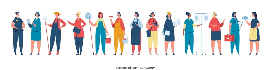 Professional Female Worker In Uniform, Women Of Different Occupations. Diverse Group Of Women Workers Standing Together  Illustration. Characters Working For Various Jobs, Career Employment