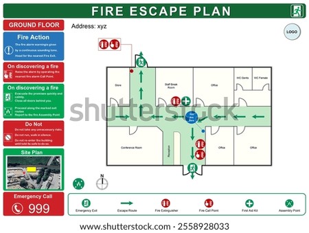 Professional fire escape plan template for buildings with clear escape routes, fire safety symbols, and assembly point instructions. Ideal for commercial, office, and residential use.