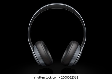 Professional Gaming Headphones Isolated On Black Background. 3D Rendering Of Over-ear Headphones And Concept Of Music Equipment