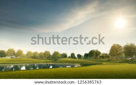 A tranquil aerial view of a lush golf course fairway, bathed in the warm glow of sunset. Ideal for themes of relaxation, nature, and sports, this image captures the peaceful beauty of the golfing experience.