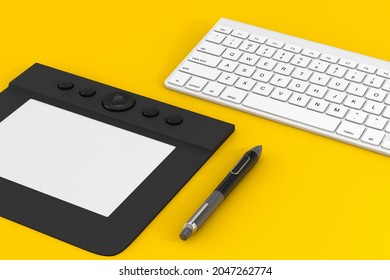 Professional Graphics Tablet with Digitized Pen near Computer Keyboard on a yellow background. 3d Rendering