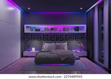 Professional high-quality 3D render of a luxury modern bedroom interior at night, featuring a sophisticated smart home LED lighting system with vibrant purple and neon blue hues. The scene showcases a sleek, wall-mounted recessed bookshelf filled with books, illuminated by integrated light strips that cast a colorful glow across the dark grey walls. The center of the room features a contemporary upholstered bed with grey bedding and plush pillows, floating over a soft area rug on light wooden parquet flooring. The ambient lighting extends to the ceiling and under the bed frame, creating a futuristic cyberpunk aesthetic. To the left, a minimalist floor-to-ceiling white wardrobe provides a clean contrast, while the right side features large windows with translucent curtains that softly diffuse the interior glow. Two stylish nightstands with elegant lamps and small decorative items complete this high-tech, cozy sanctuary. This visualization is perfect for concepts related to home automation, luxury real estate marketing, architectural lighting design, and modern lifestyle technology presentations. The sophisticated balance of neon colors and dark textures makes it an ideal asset for digital magazines, tech blogs, and high-end furniture retail campaigns focusing on the ultimate modern living experience