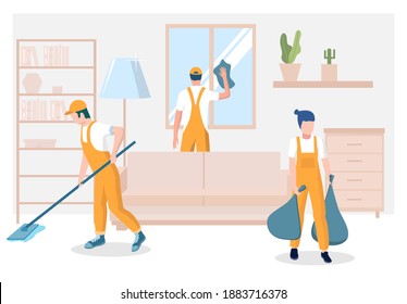 Professional home cleaning services, flat illustration. Male and female characters, cleaning company staff picking up trash, washing window and floor in living room. - Powered by Shutterstock