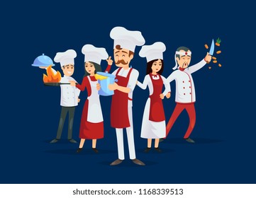 Professional kitchen staff recruitment concept. Cute young chef team in red cooking uniform and hat. Cooking classes or chef teaching advertising, masters of international cuisine illustration. - Powered by Shutterstock