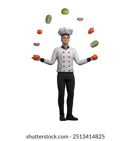 Professional Male Chef in 3D Animation. A male chef stands showing his juggling skills with various vegetables such as bell peppers, tomatoes, lettuce, and mushrooms in the air. Culinary - Powered by Shutterstock