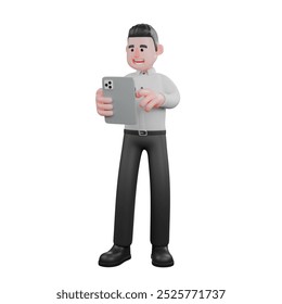 Professional Male Strategy Character. A male businessman is standing with right hand holding a tablet while left hand is operating it. 3D Businessman Cartoon - Powered by Shutterstock