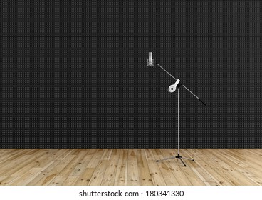 Professional Microphone In A Recording Studio With Black Acoustic Panel And Wooden Floor - Rendering