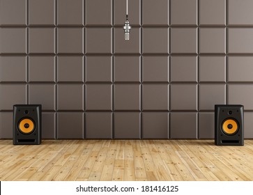 Professional Microphone In A Recording Studio With Brown Acoustic Panel.speaker And Wooden Floor - Rendering