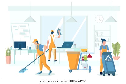 Professional office cleaning services, flat illustration. Male and female characters, cleaning company staff picking up trash, washing window and floor. - Powered by Shutterstock