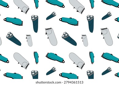 Professional pattern of barbering tools such as hair clippers, sideburn trimmers, and beard trimmers on a white background