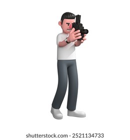 Professional Photographer 3D Cartoon. a male photographer is focusing on taking pictures using an analog camera and holding the camera with both hands. Male Visual Artist - Powered by Shutterstock