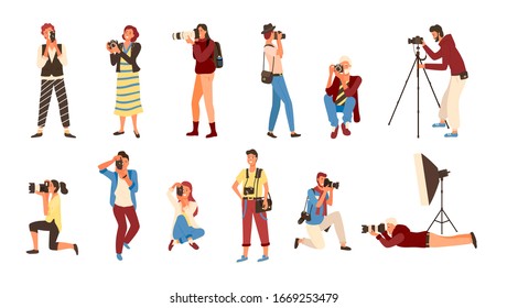 Professional photographers raster, set of people holding cameras. Pictures made by employees , photographs by cameraman. Man and woman experts job - Powered by Shutterstock