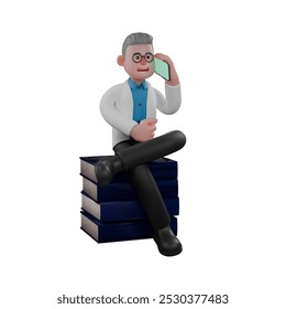 Professional Physicist 3D Cartoon. A male physicist sits on a pile of books while holding a cellphone in his left hand and his right hand is in front of his stomach. Male Energy Scientist - Powered by Shutterstock